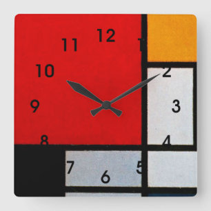 Relógio Quadrado Mondrian - Composição com Plano Vermelho Grande