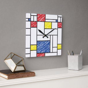 Relógio Quadrado Mondrian Scribbles Minimalista De Stijl Arte Moder