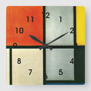 Relógio Quadrado Mondrian, Tableau 3 com Laranja-Vermelho, Amarelo.