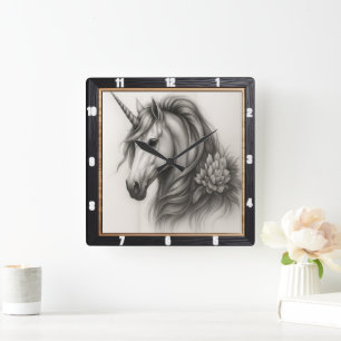 Relógio Quadrado Monocromo Unicorn Floral