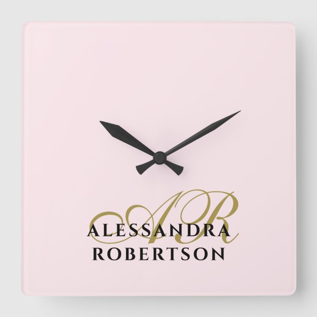 Relógio Quadrado Monogram Pastel Pink Gold Black Minimalist Modern (Frente)