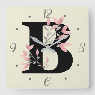 Relógio Quadrado Monograma B com Borrifos Florais Rosa