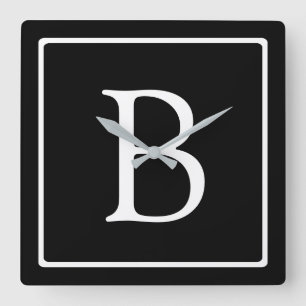Relógio Quadrado Monograma Clássico Simples Preto c/ Texto Branco