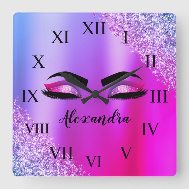 Relógio Quadrado Monograma Cor-de-Rosa Púrpura Eilashes da Leve Mod (Frente)
