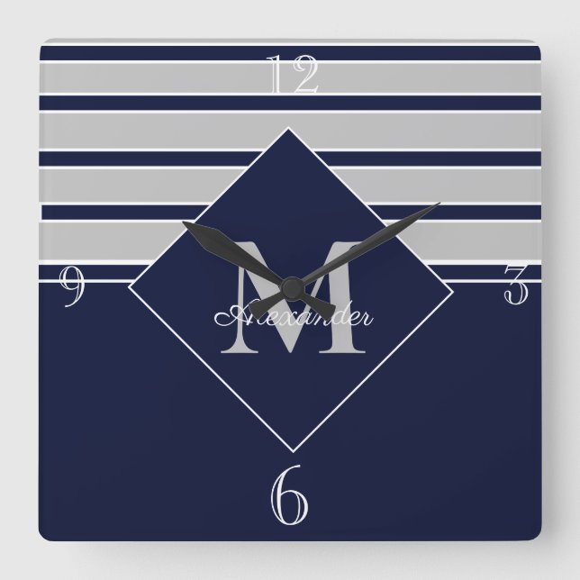 Relógio Quadrado Monograma da Cinza Moderna NáuticaVermelho Monogra (Frente)