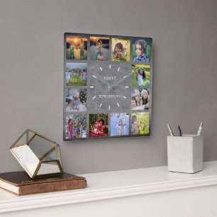 Relógio Quadrado Monograma de colagem de fotos da família de chalk