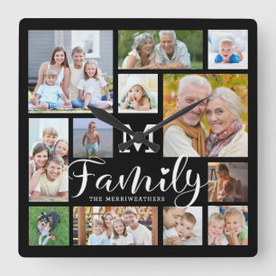 Relógio Quadrado Monograma de Colagem de Fotos do Nome da FAMÍLIA