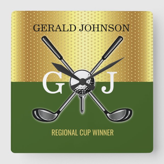 Relógio Quadrado Monograma de Golfe Elegante minimalista personaliz (Frente)