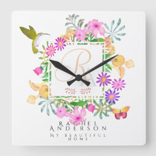 Relógio Quadrado Monograma de Jardim Floral Branco