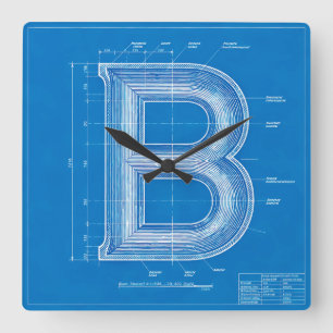 Relógio Quadrado Monograma de Letra B em Blueprint