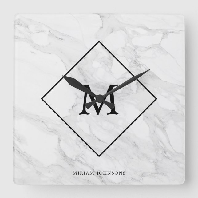 Relógio Quadrado Monograma de mármore moderno (Frente)
