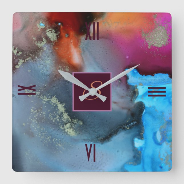 Relógio Quadrado Monograma de Ondas Abstrato de Laranja Vermelho Az (Frente)