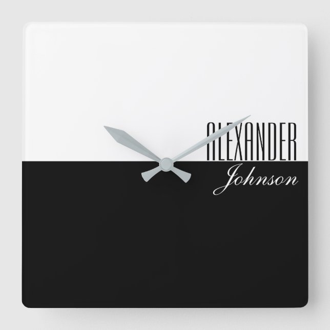 Relógio Quadrado Monograma do Nome Moderno Preto e Branco (Frente)
