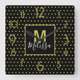 Relógio Quadrado Monograma do padrão do círculo do Ouro preto moder