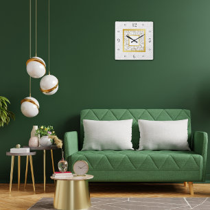 Relógio Quadrado Monograma Dourado do Mármaco branco de couro bran