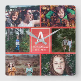 Relógio Quadrado Monograma e Colagem de Fotos da Família Red Waterc