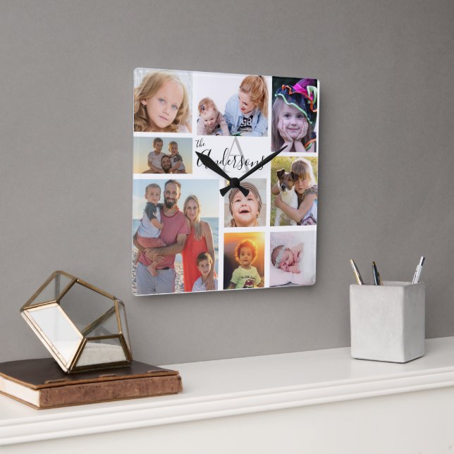 Relógio Quadrado Monograma Família Oito Foto Personalizada (Escritório)