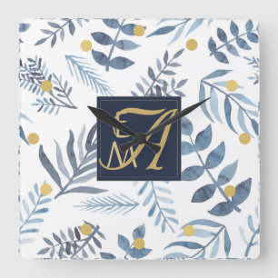 Relógio Quadrado Monograma Folhas Botânicas Samambaia Azul Naval Do