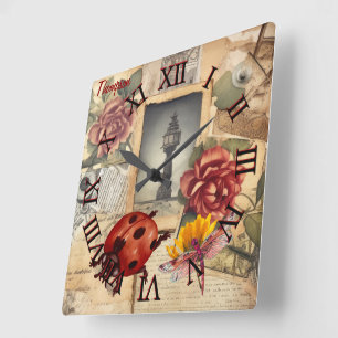 Relógio Quadrado Monograma, fundo de fundo rústico, floral e libélu