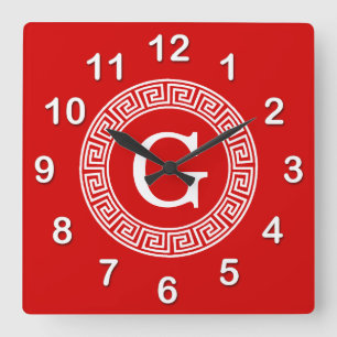 Relógio Quadrado Monograma Inicial do Quadro-chave grego Red What