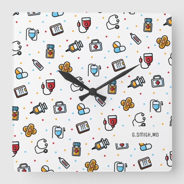 Relógio Quadrado Monograma. Padrão Médico. Para médicos e enfermeir (Frente)