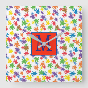 Relógio Quadrado Monograma - Paint Splatter