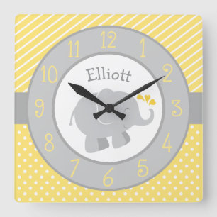 Relógio Quadrado Monograma Personalizado de Elefante Amarelo Modern
