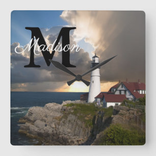 Relógio Quadrado Monograma Portland Head Lighthouse Maine Photo Nam