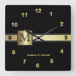 Relógio Quadrado Monograma preto e executivo Dourado