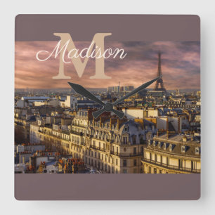 Relógio Quadrado Monograma Roxo Paris França Torre Eiffel Foto