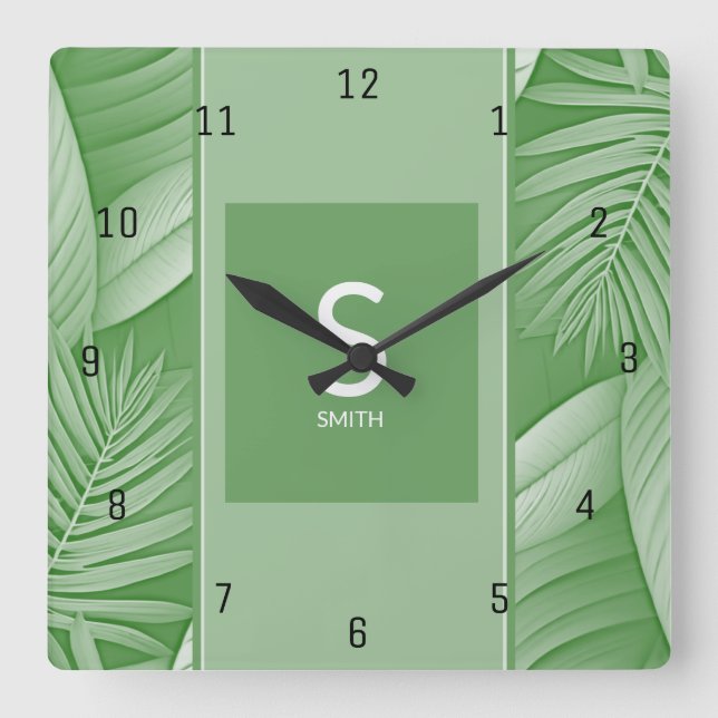 Relógio Quadrado Monograma Wall Clock Tropical Verde (Frente)