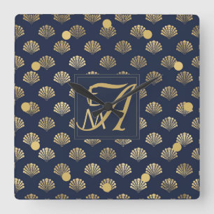 Relógio Quadrado Monogramas ART DECO Conchas Marinho Blue Dourado N