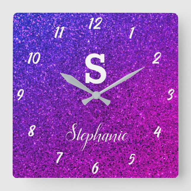 Relógio Quadrado Monogramas Brilhantes Rosa Roxo Presente Favor Ele (Frente)