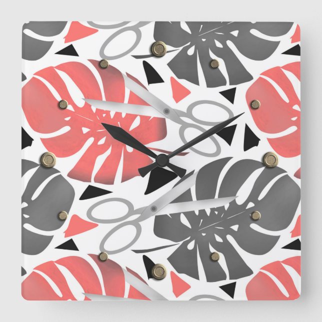 Relógio Quadrado Monstera impressão tropical deixa tesoura exo selv (Frente)