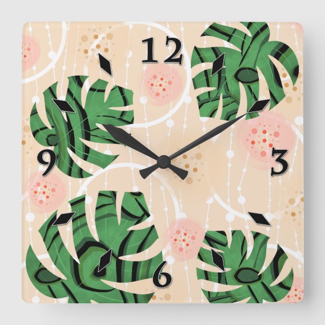 Relógio Quadrado Monstera sai de rosa.  (Frente)