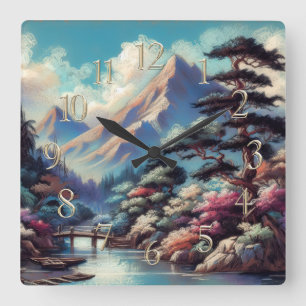 Relógio Quadrado Montanha da Paisagem Asiática Antiga de Desenho de