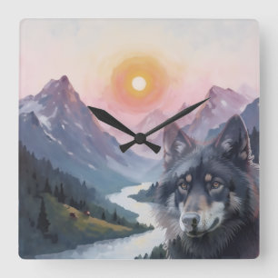 Relógio Quadrado Montanhas Majestosas com lobo