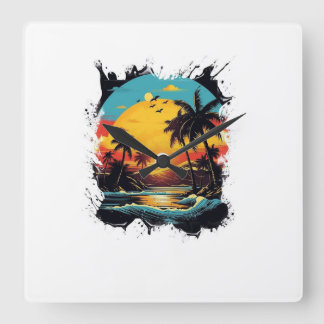 Relógio Quadrado Montre Murale Coucher de Soleil Tropical