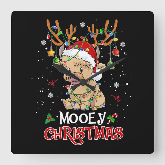 Relógio Quadrado Mooey Highland Cow Christmas (Frente)