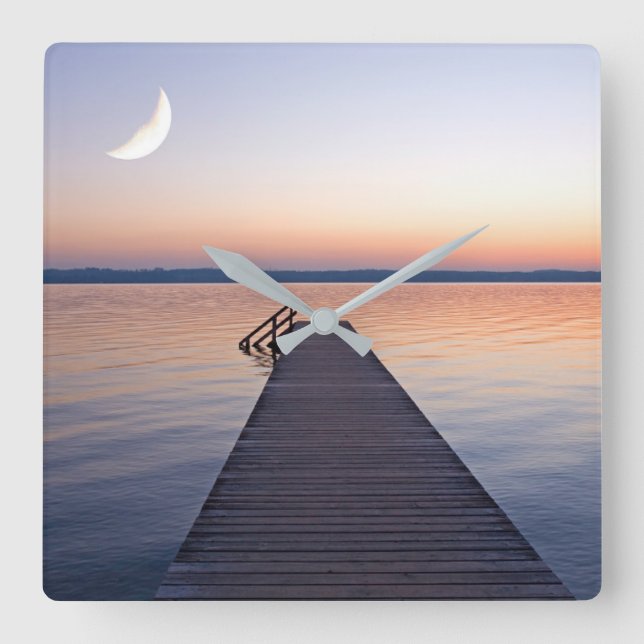 Relógio Quadrado Moon Over Buscharner Footbridge | Starnberg Lake (Frente)