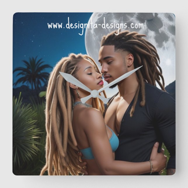 Relógio Quadrado Moonlight Couple  – Romantic Digital Art  (Frente)