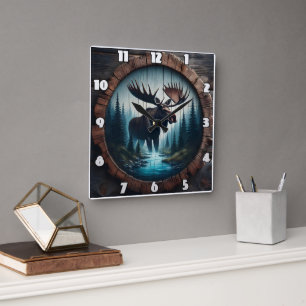 Relógio Quadrado Moose em pé por um ribeiro em uma floresta