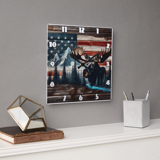 Relógio Quadrado Moose Head contra a bandeira e as montanhas americ (Escritório)