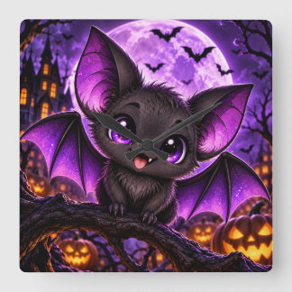 Relógio Quadrado Morcego Roxo Gótico Fofo de Halloween Lua