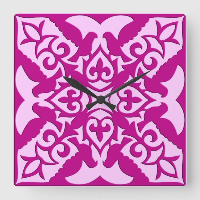 Relógio Quadrado Moroccan tile - magenta and pink (Frente)