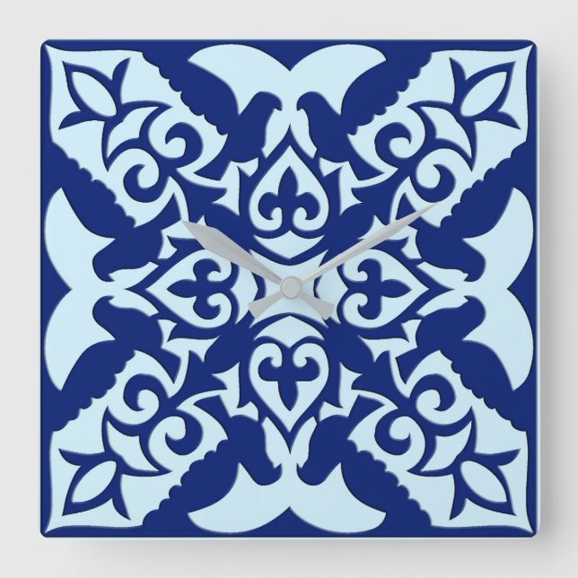 Relógio Quadrado Moroccan tile - navy and light blue (Frente)