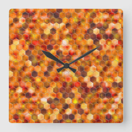 Relógio Quadrado Mosaico de hexágonos em pontos em tons avermelhado