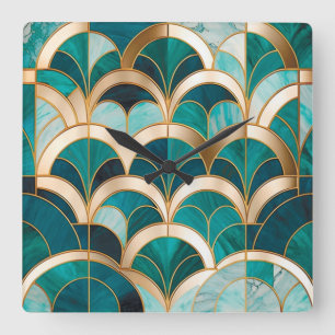 Relógio Quadrado Mosaico de Mármore de Luxo Art Deco Turquesa Azul