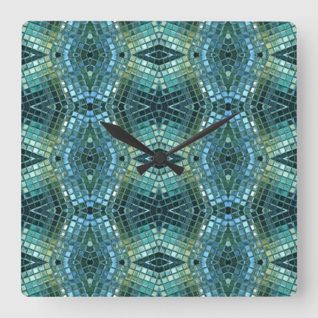 Relógio Quadrado Mosaico de vidro verde e azul bonito (Frente)