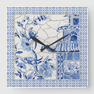 Relógio Quadrado Mosaico Floral de Aves Quadradas Azul e Branco
